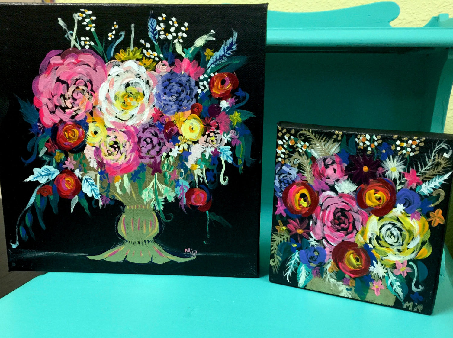 Colorful Floral Bouquet with black background painting original painting