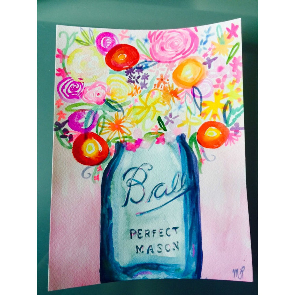 Colorful floral bouquet in turquoise mason jar watercolor .