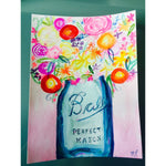 Colorful floral bouquet in turquoise mason jar watercolor .