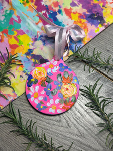 Hot Pink Hand painted Floral Christmas Ornament
