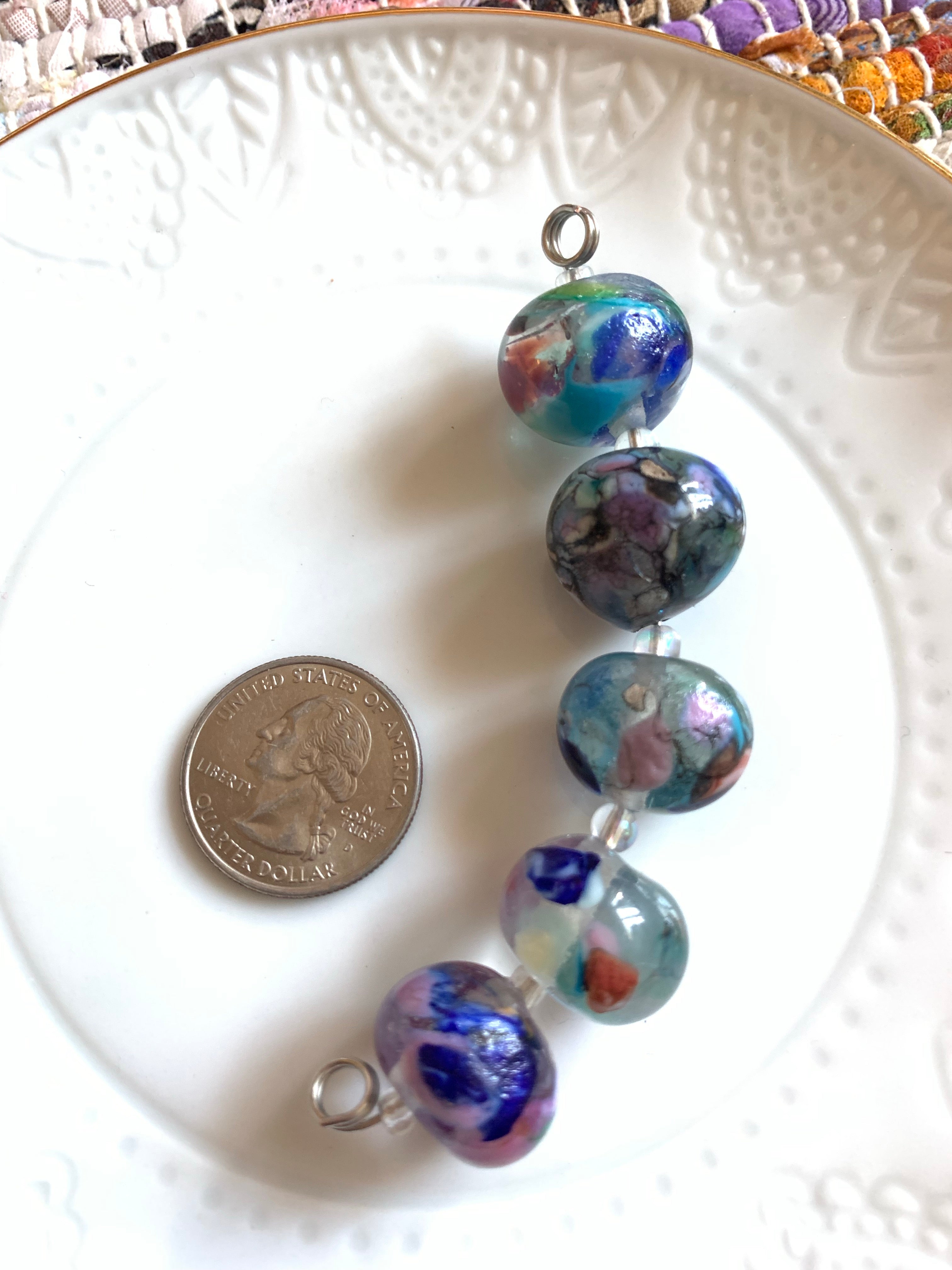 Set of 5 large “watercolor” marble beads in cool blue/purple tones
