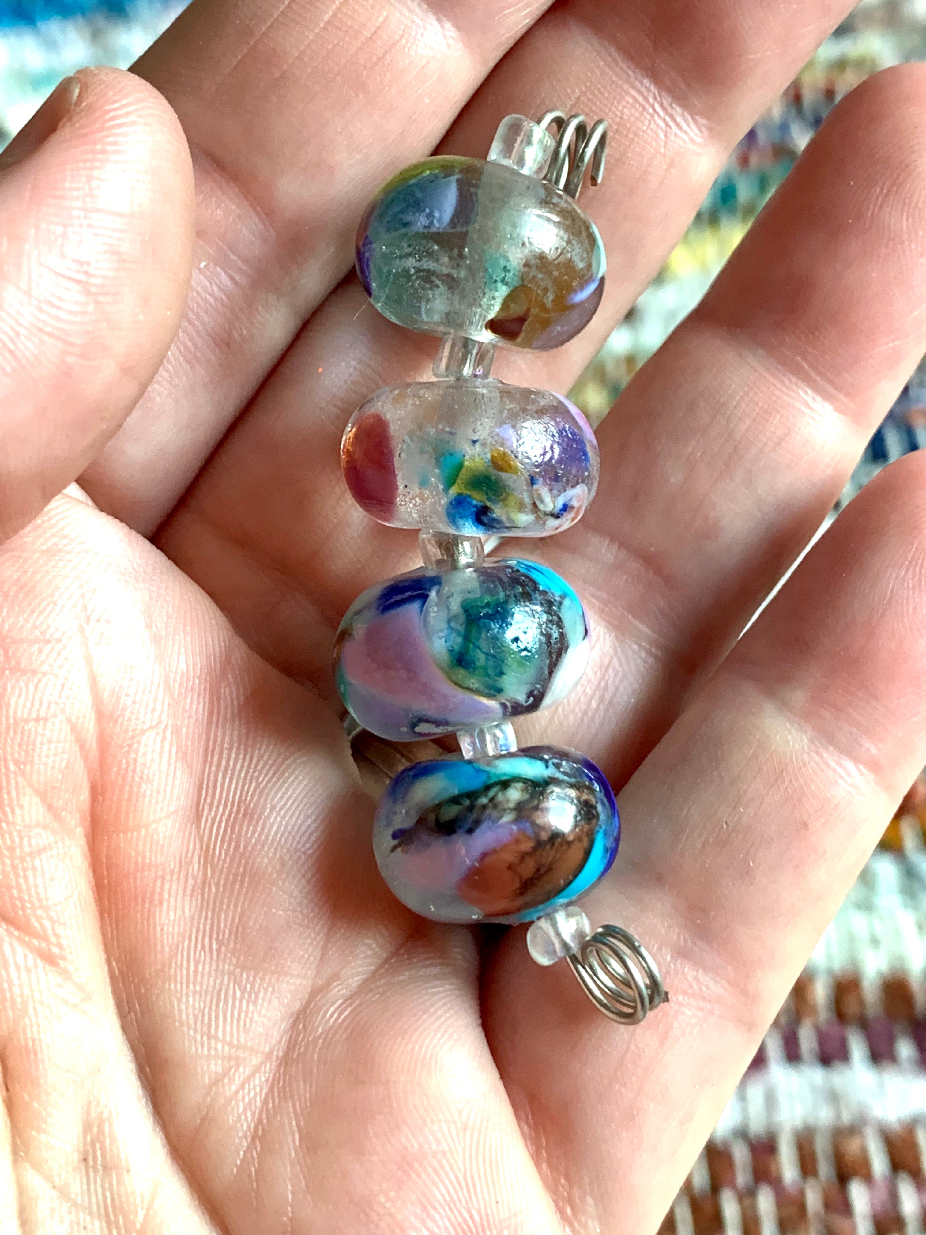 Set of 4 “watercolor” glass beads with brightly colored spots and swirls