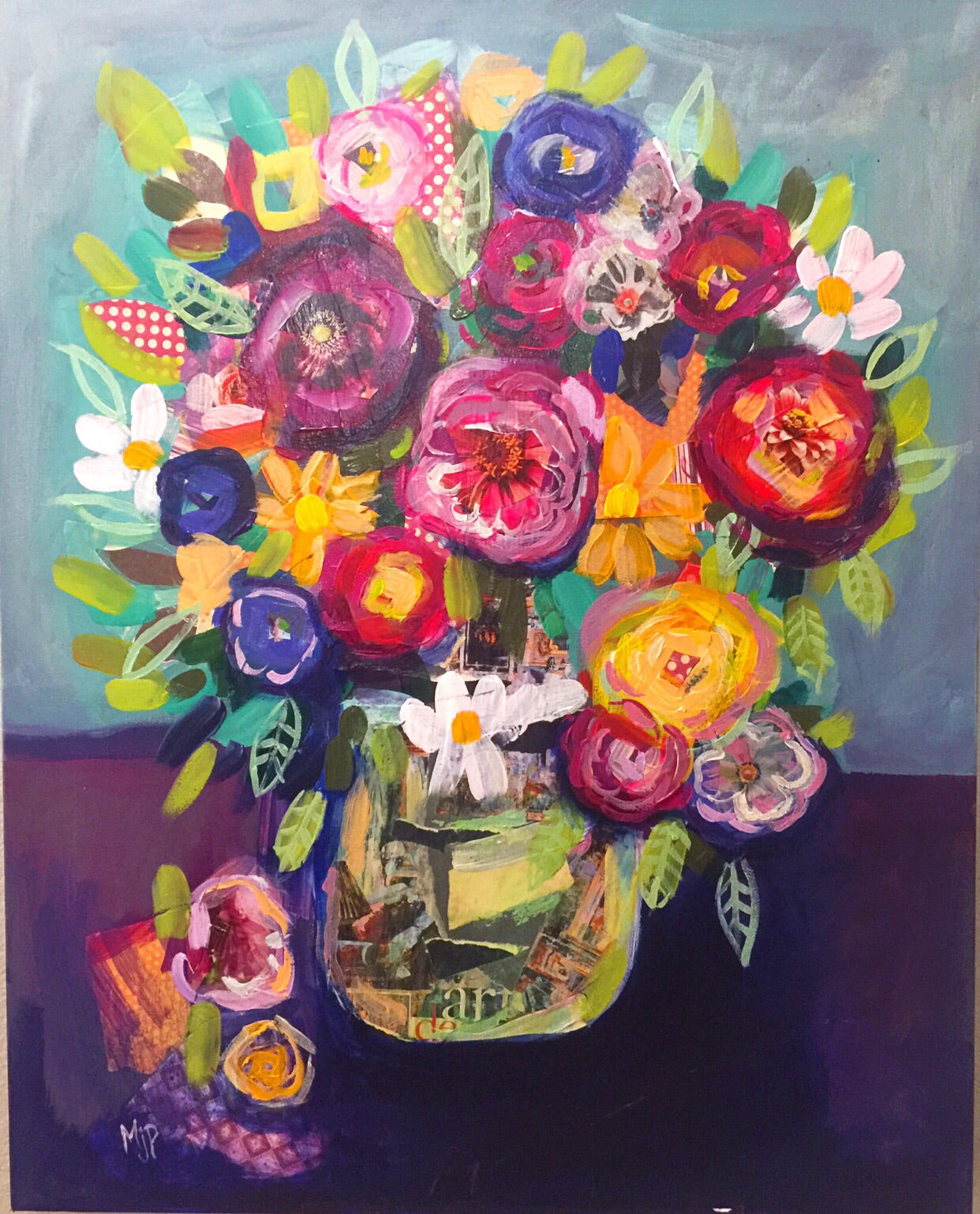 Large Vibrant Acrylic & Collage Floral Painting