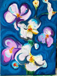 Orchids on Blue Oil Painting on Canvas.