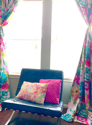 Pink Boho Painted Floral Print Art Curtains.