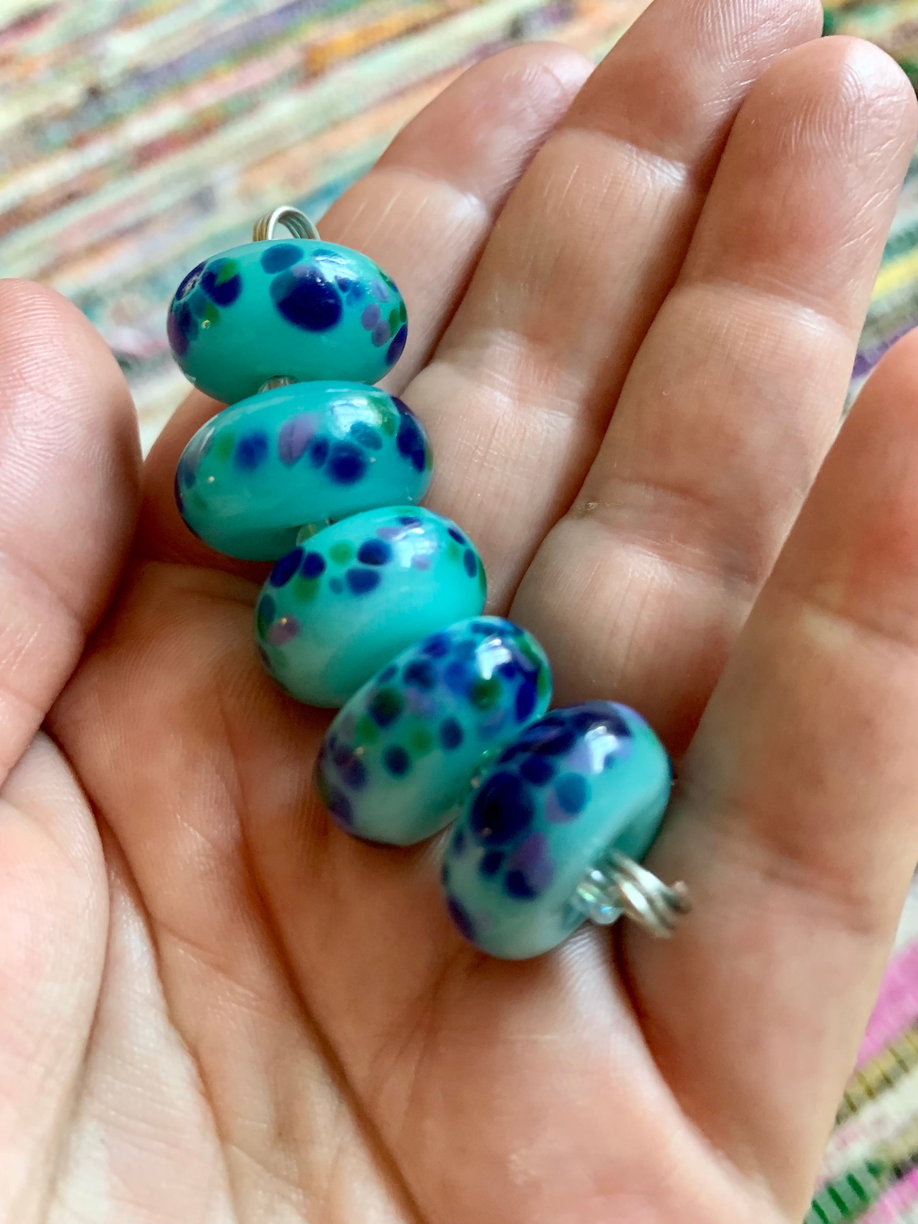 Set of 5 Handcrafted Lampwork Glass Beads light aqua blue with blue speckled