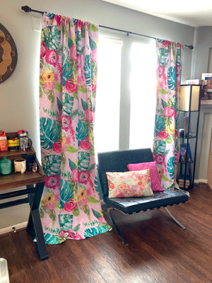 Pink Boho Painted Floral Print Art Curtains.
