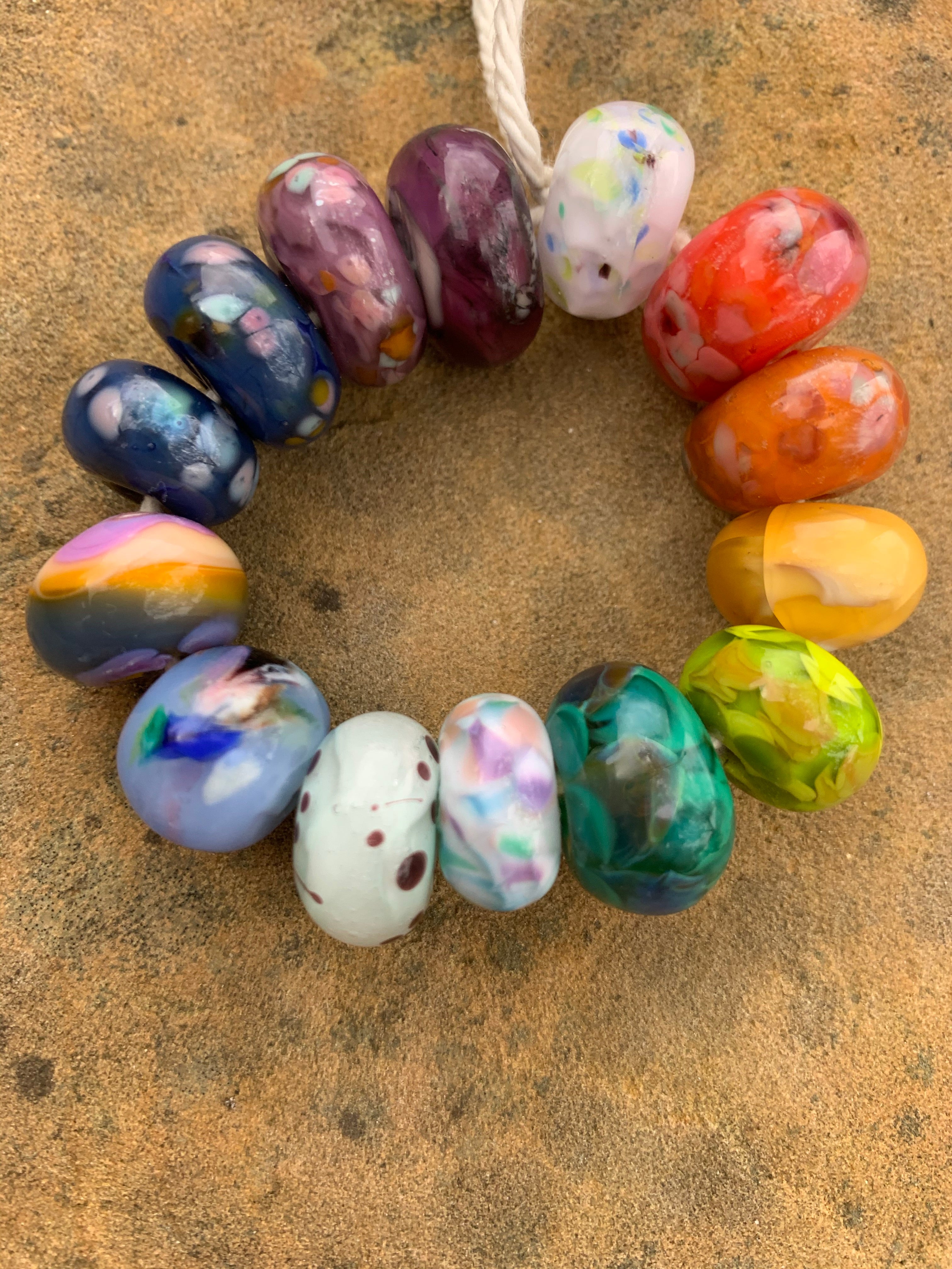 Speckled Rainbow colorful glass 14 bead set.