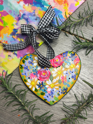 Golden Yellow  Hand painted Heart Floral Christmas Ornament