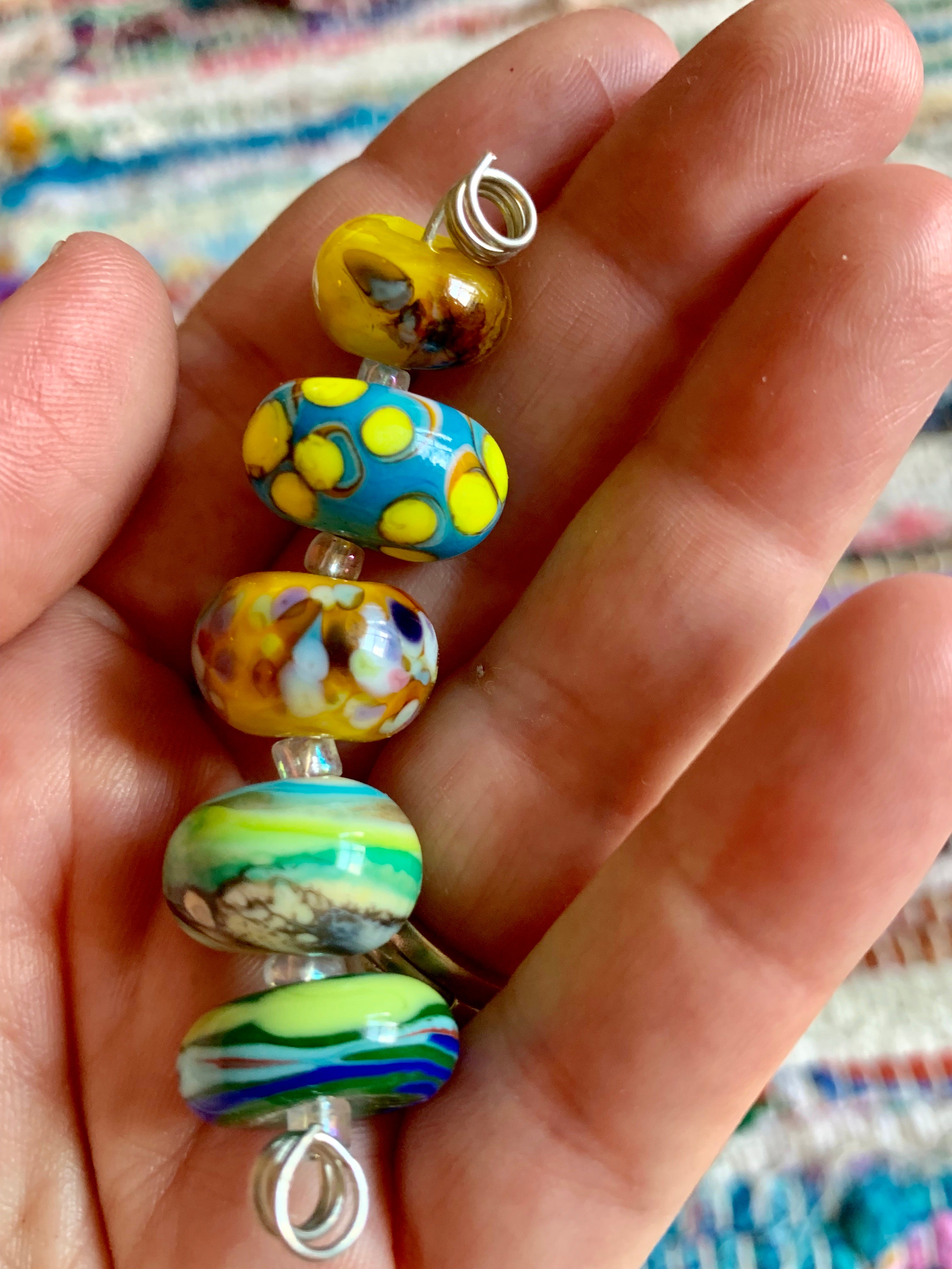 Set of 5 summery lampwork glass beads in yellows, teal, blues, and greens