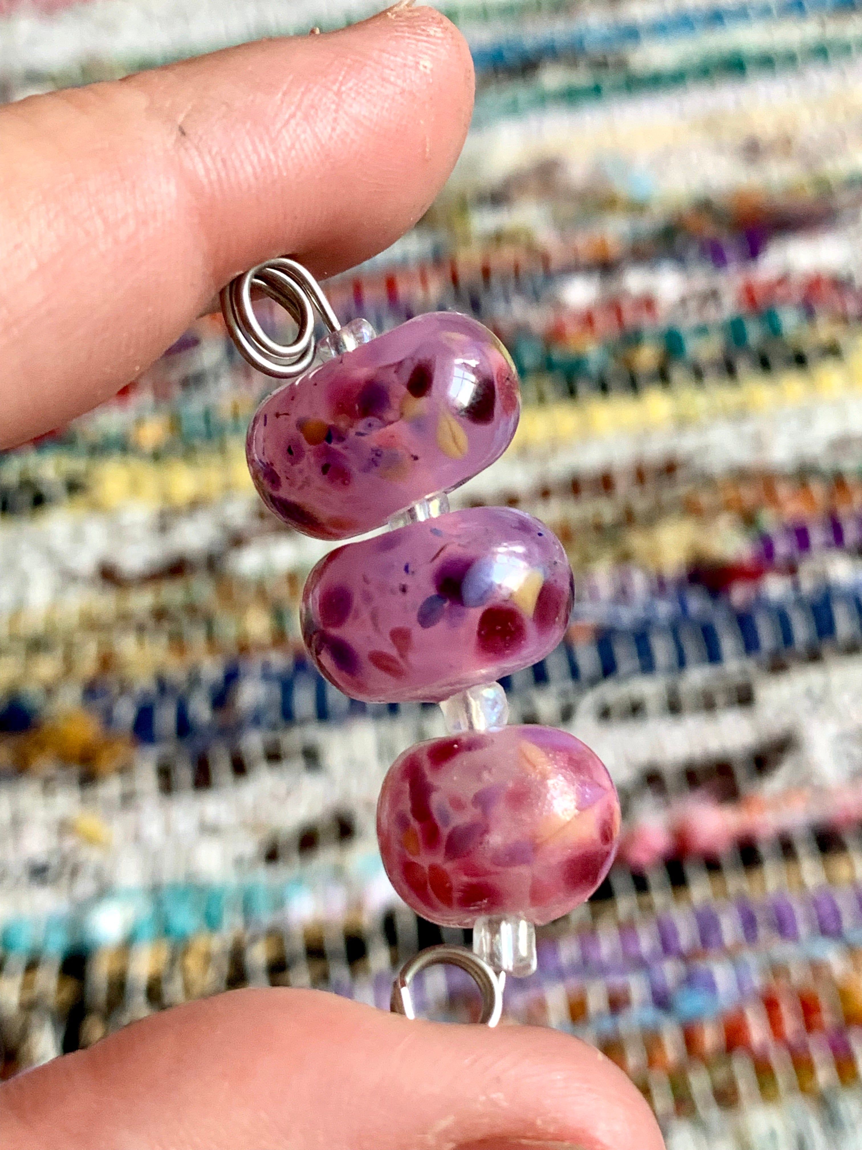 Set of 3 pretty pink lampwork beads with multicolored speckles