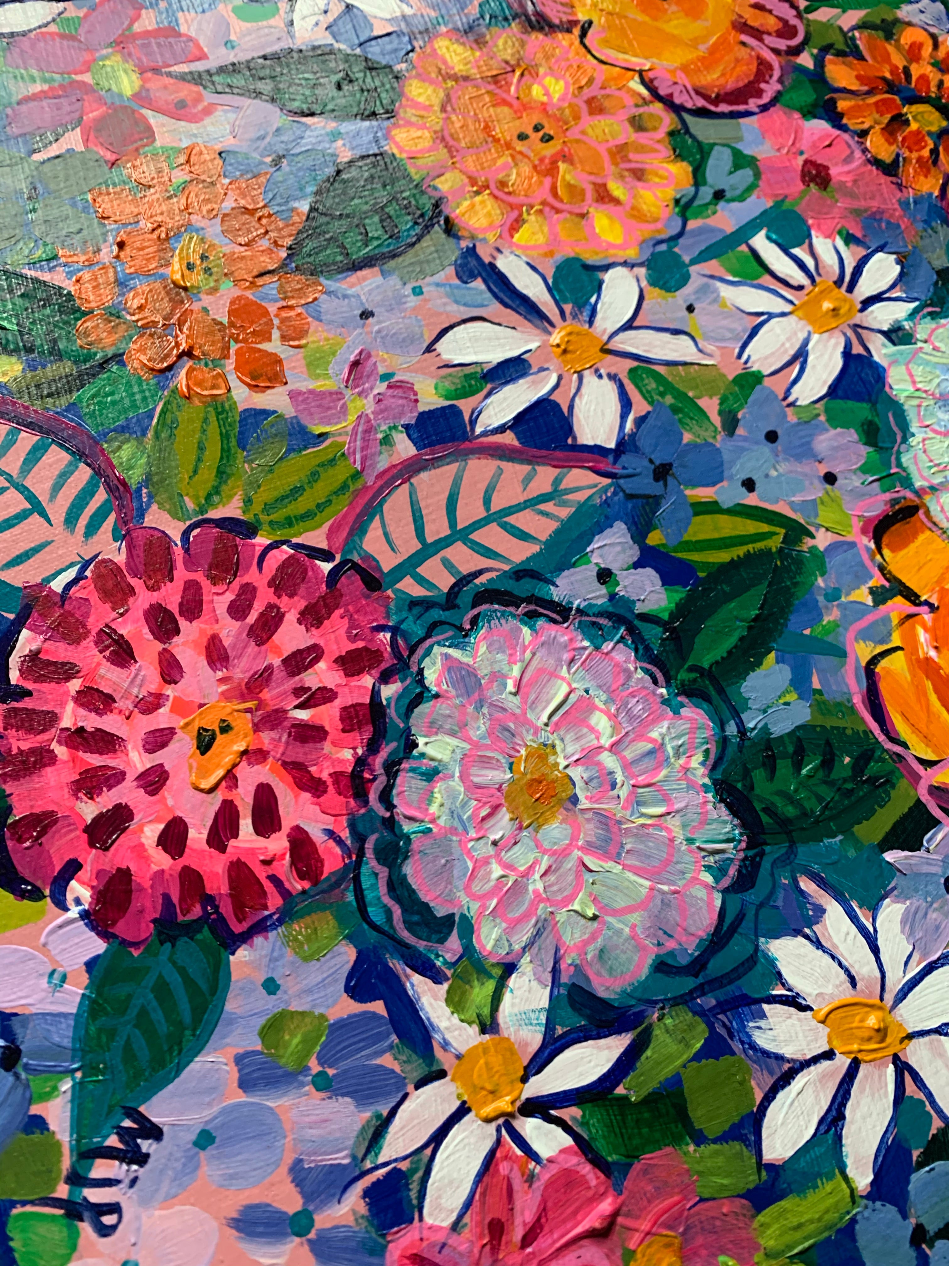 Vibrant “Zinnia Garden” Acrylic & Ink on Canvas 16”x20”