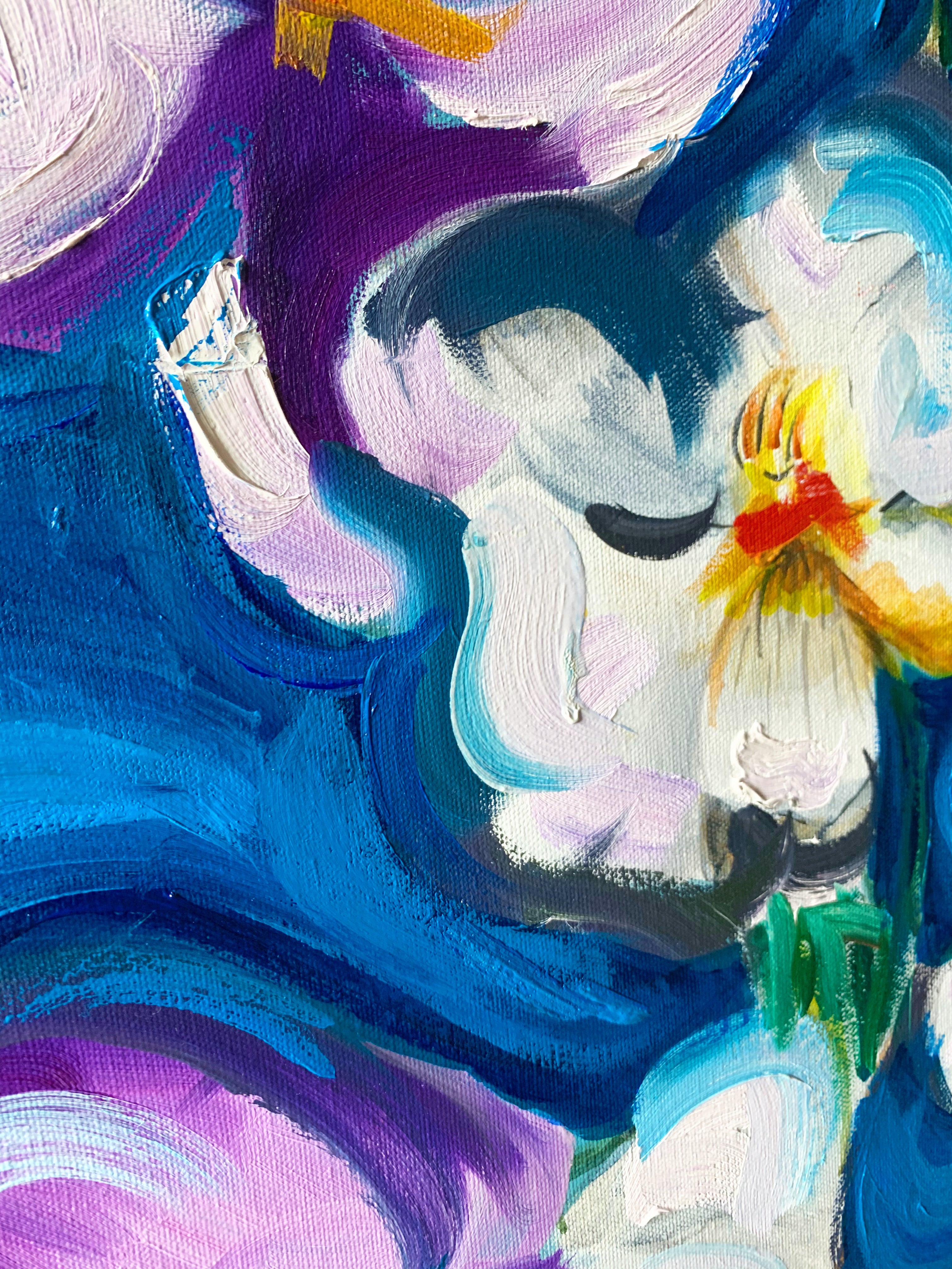 Orchids on Blue Oil Painting on Canvas.