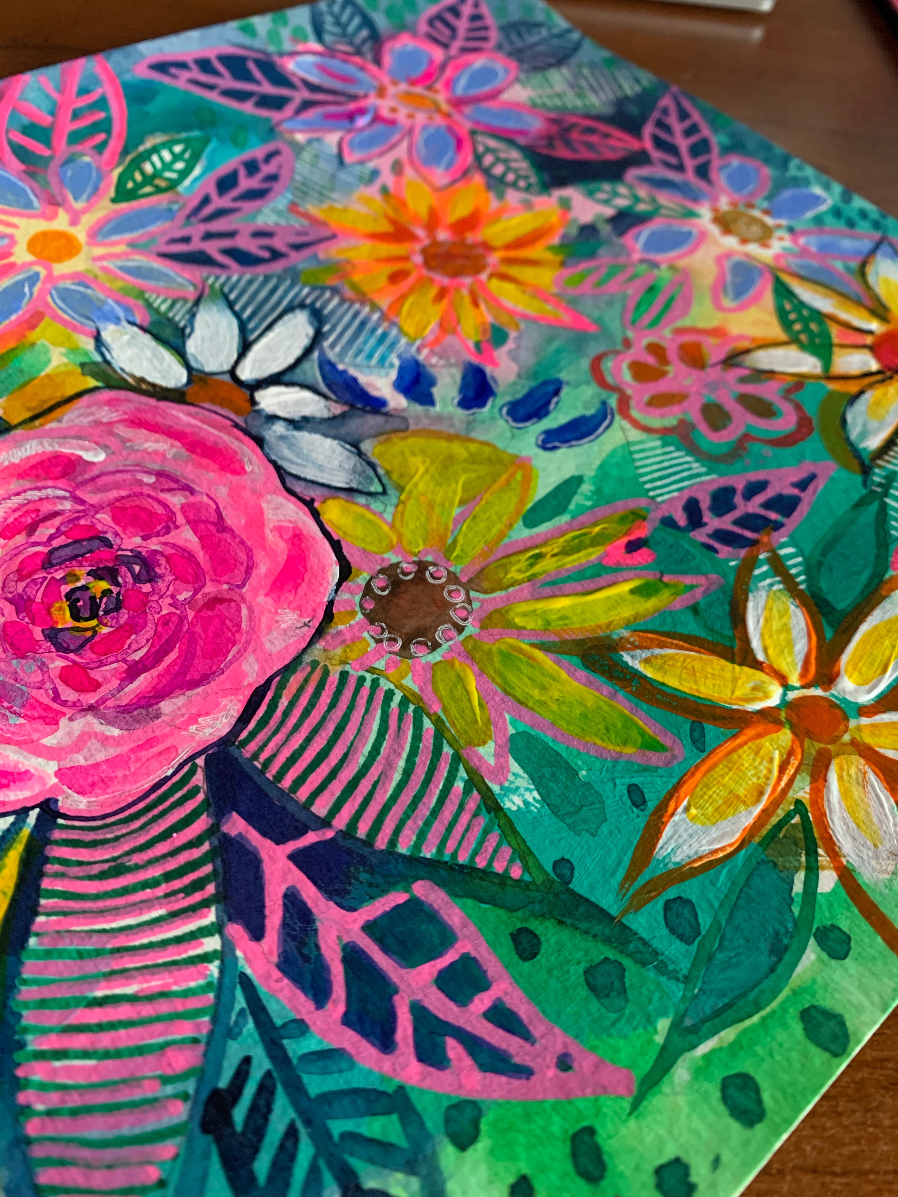 Neon Bright Mixed Media Floral Painting