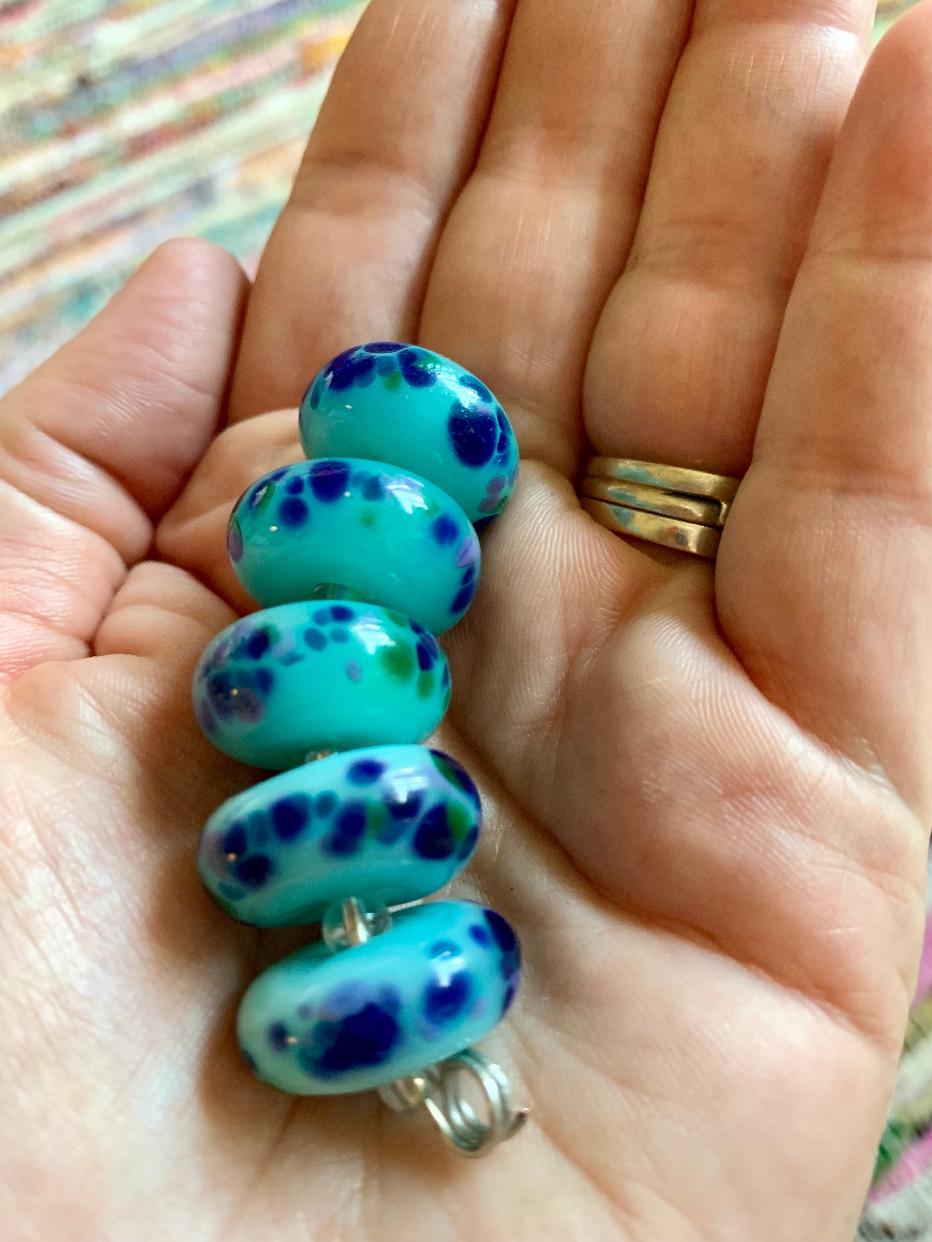 Set of 5 Handcrafted Lampwork Glass Beads light aqua blue with blue speckled