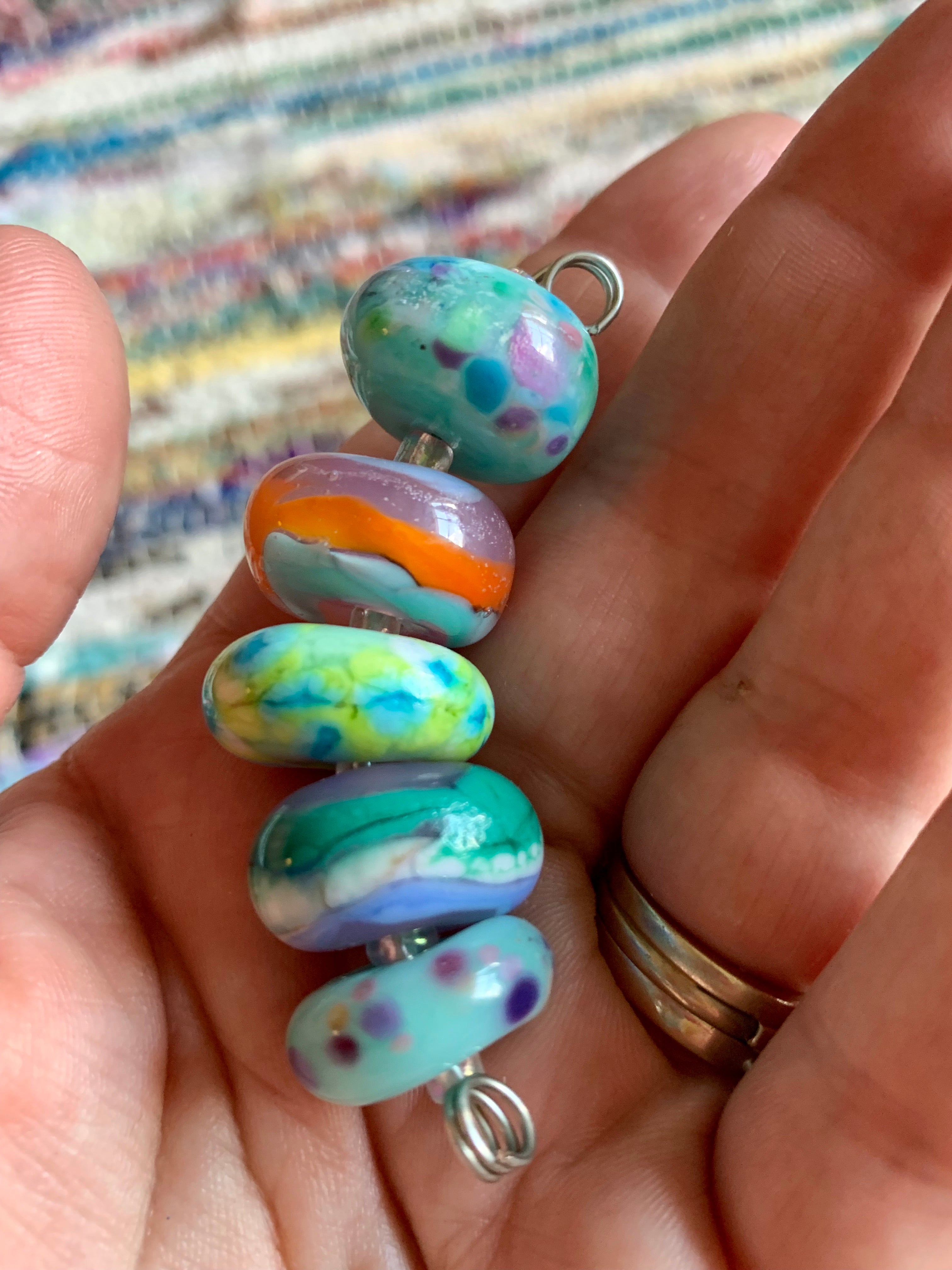 Set of 5 large summer inspired beads in bright teal, turquoise, and greens