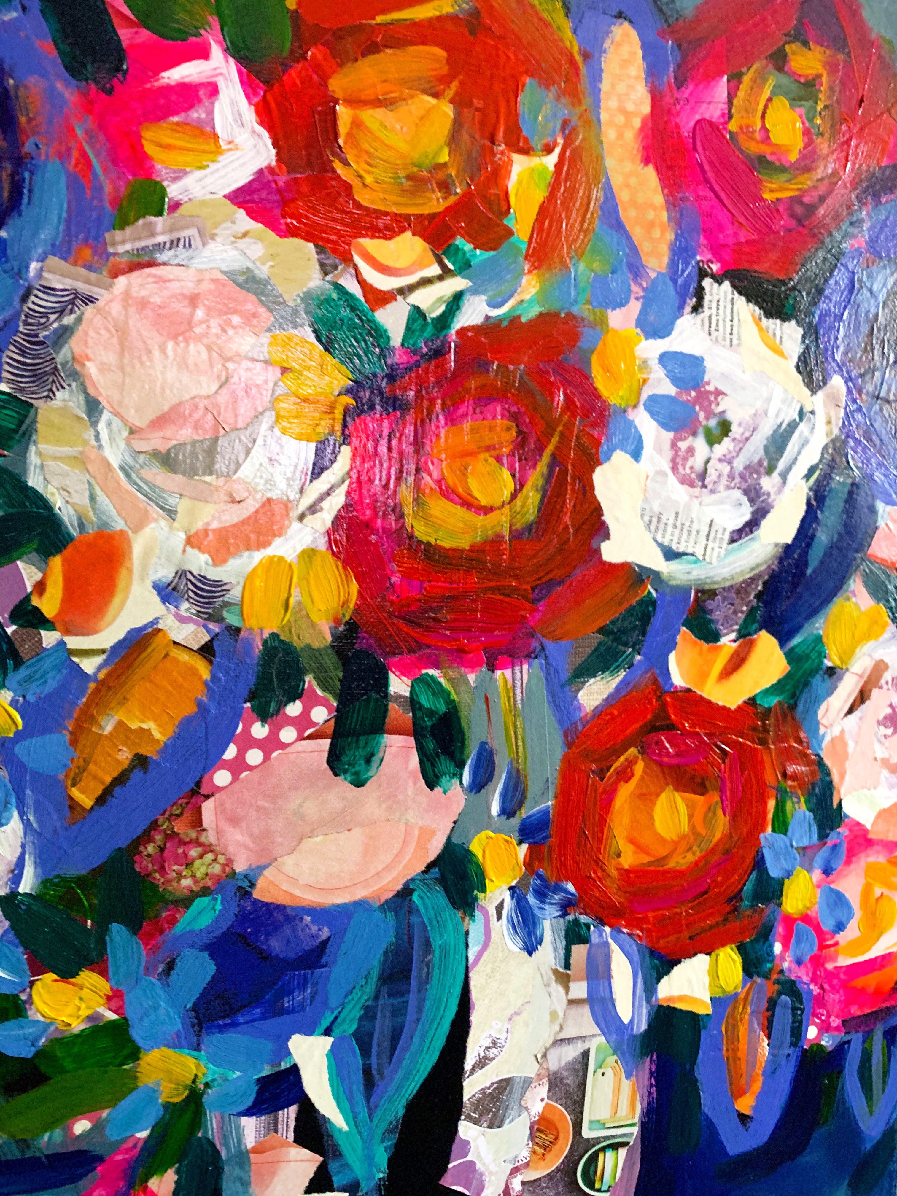Floral Original Collage + Paint Artwork on Canvas 18”x24”