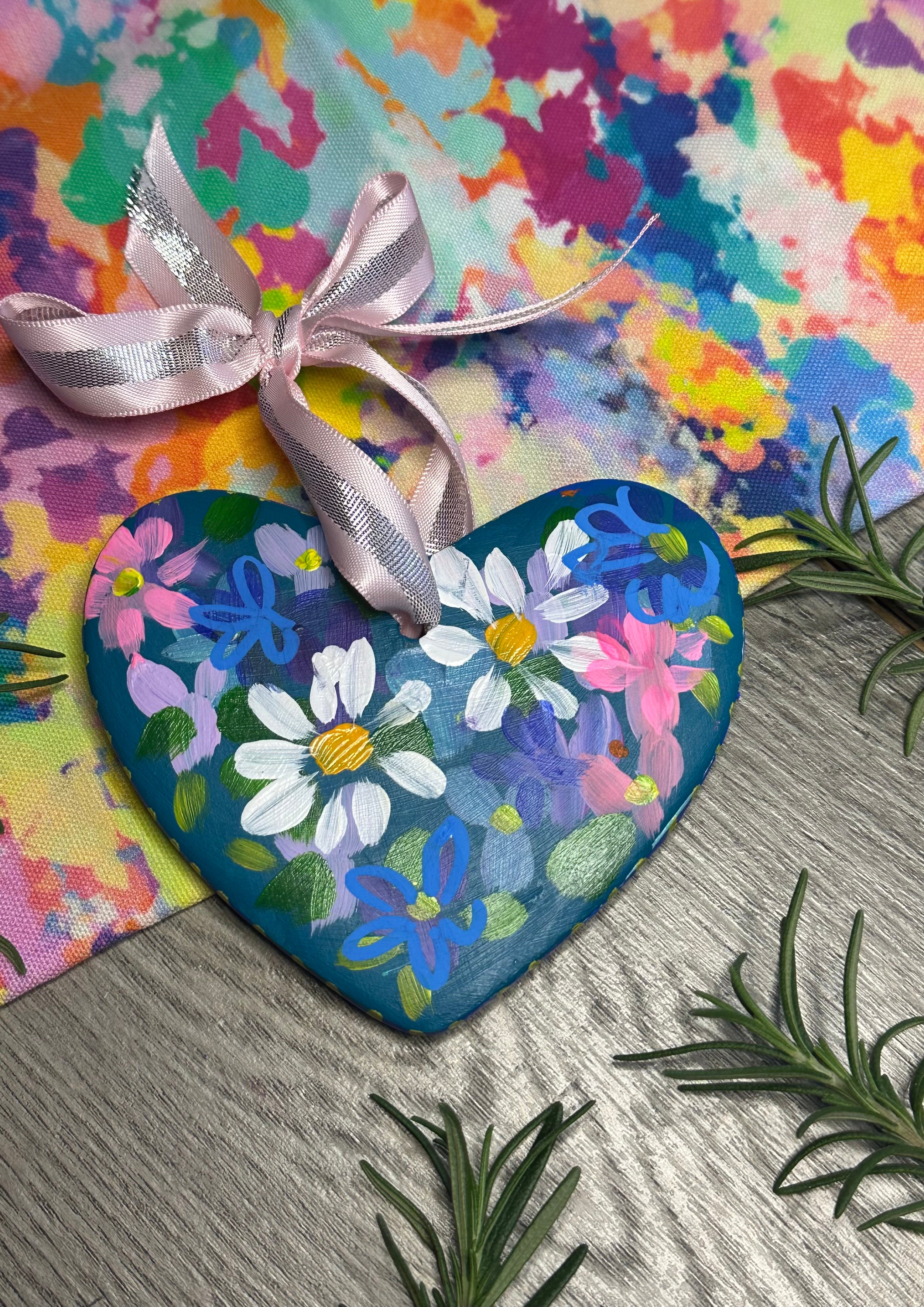 Teal Floral  Handpainted Heart Christmas Ornament