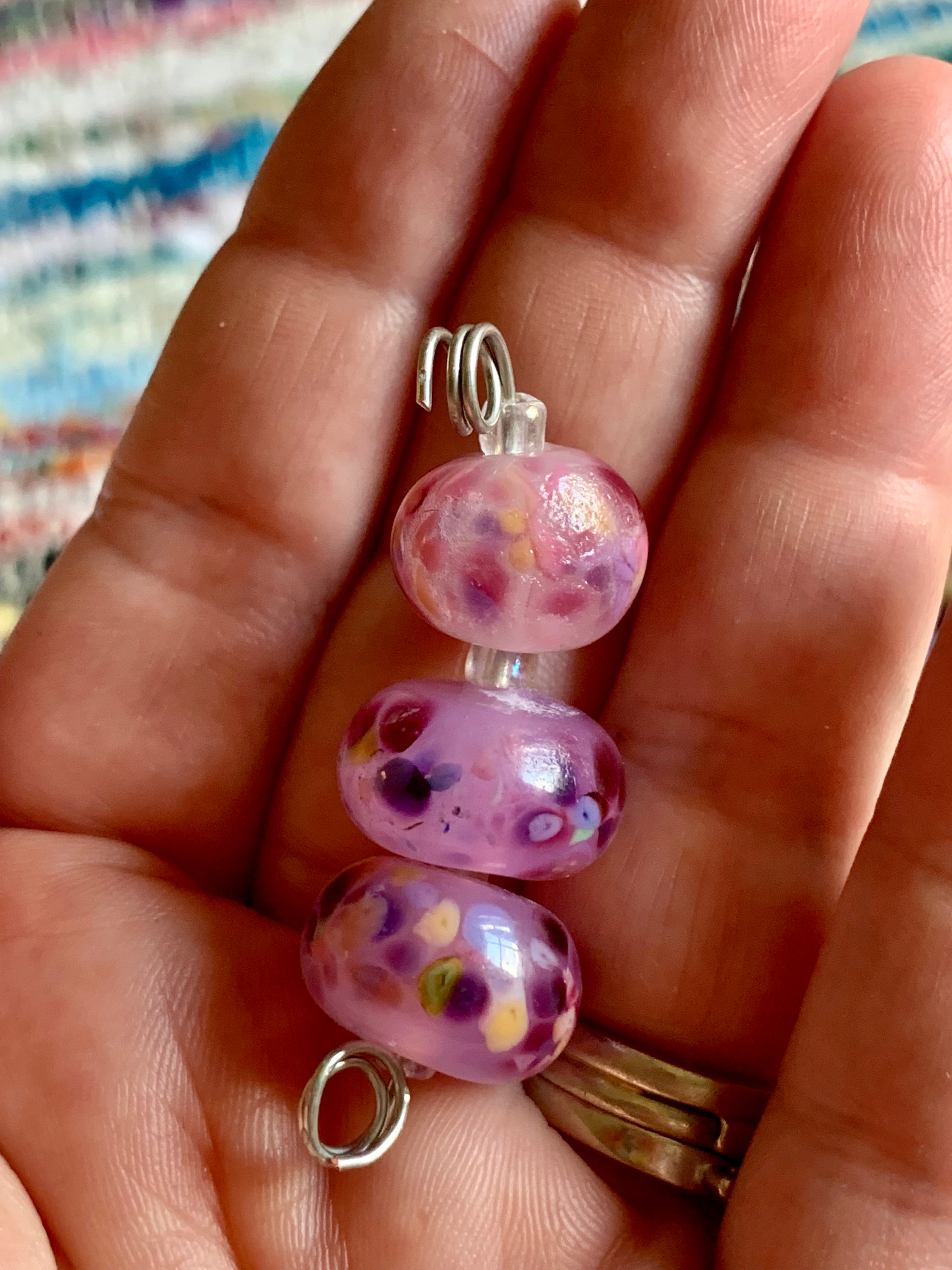 Set of 3 pretty pink lampwork beads with multicolored speckles
